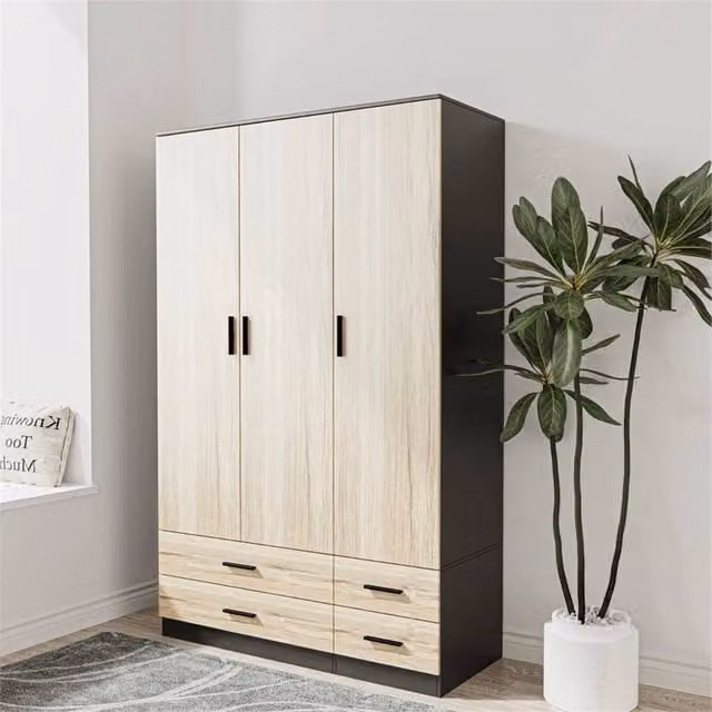 FORGEVIO Modern 3 Door 4 Drawer Wardrobe in Black and Light Oak Wood – 1