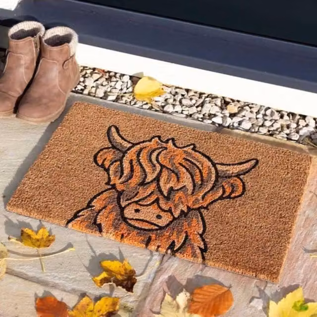Marco Paul Highland Cow Coir Front Door Mat, Brown, W: 60 cm, D: 40 cm