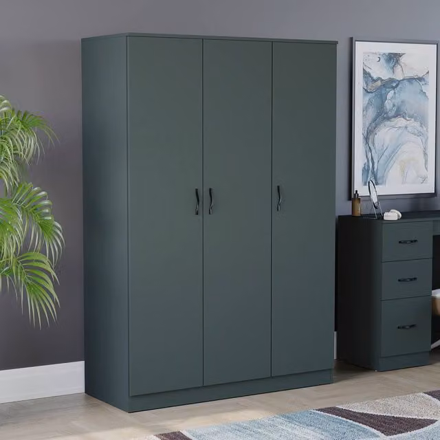 HD Designs Riano 3 Door Wardrobe in Matt Green with Internal Shelves and Hanging Rod – 1