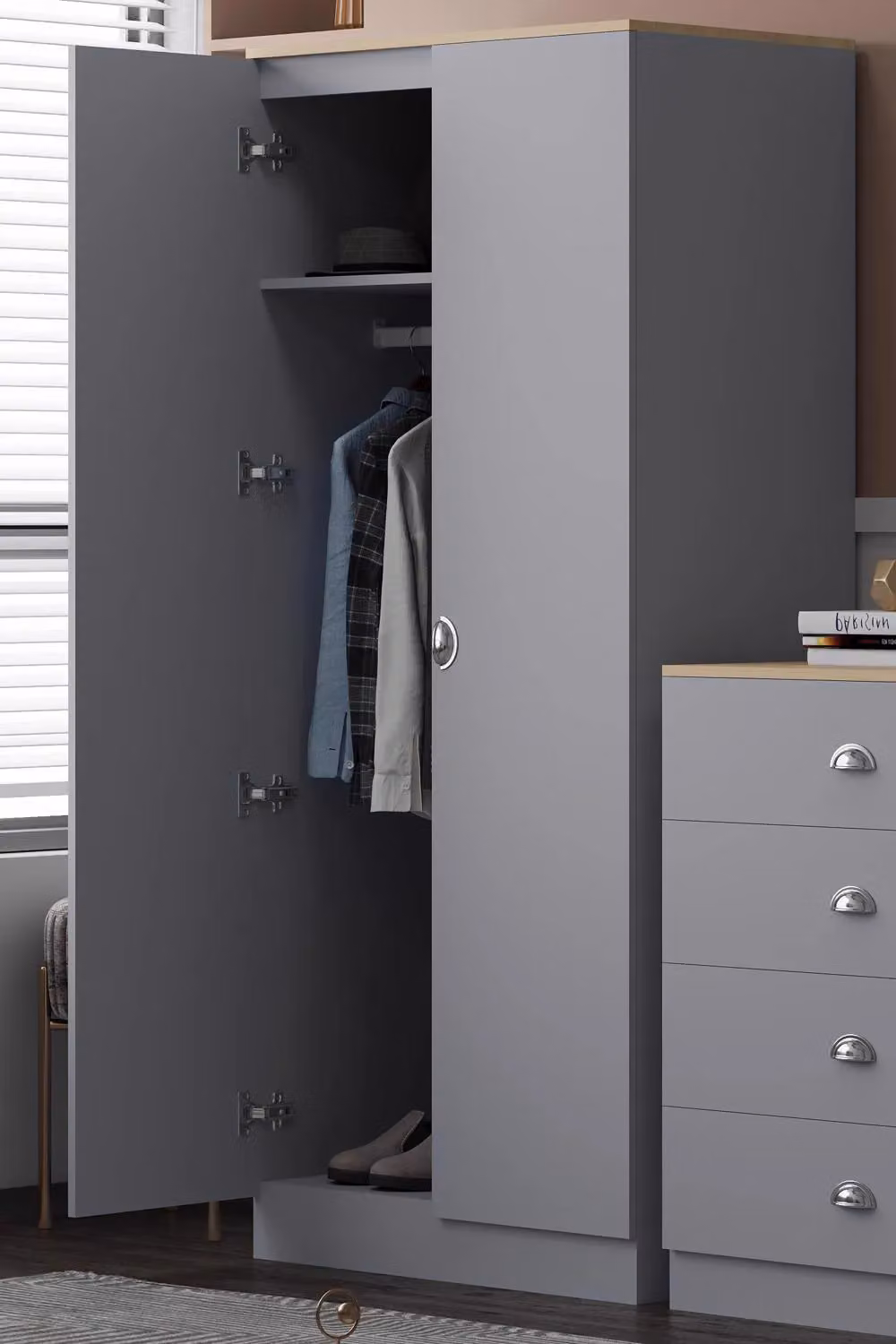 FWStyle Esher 2 Door Double Wardrobe in Grey and Oak, H 180 x W 75 x D 40 cm – 2