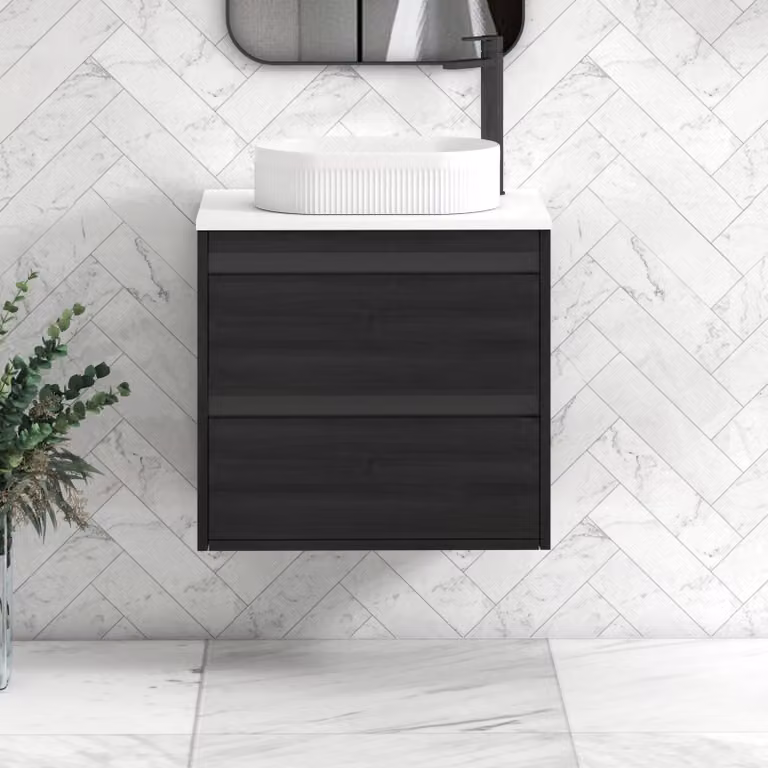 Royal Bathrooms Orion 2 Drawer Hale Wall Hung Vanity Unit in Black with White Stone Countertop Basin