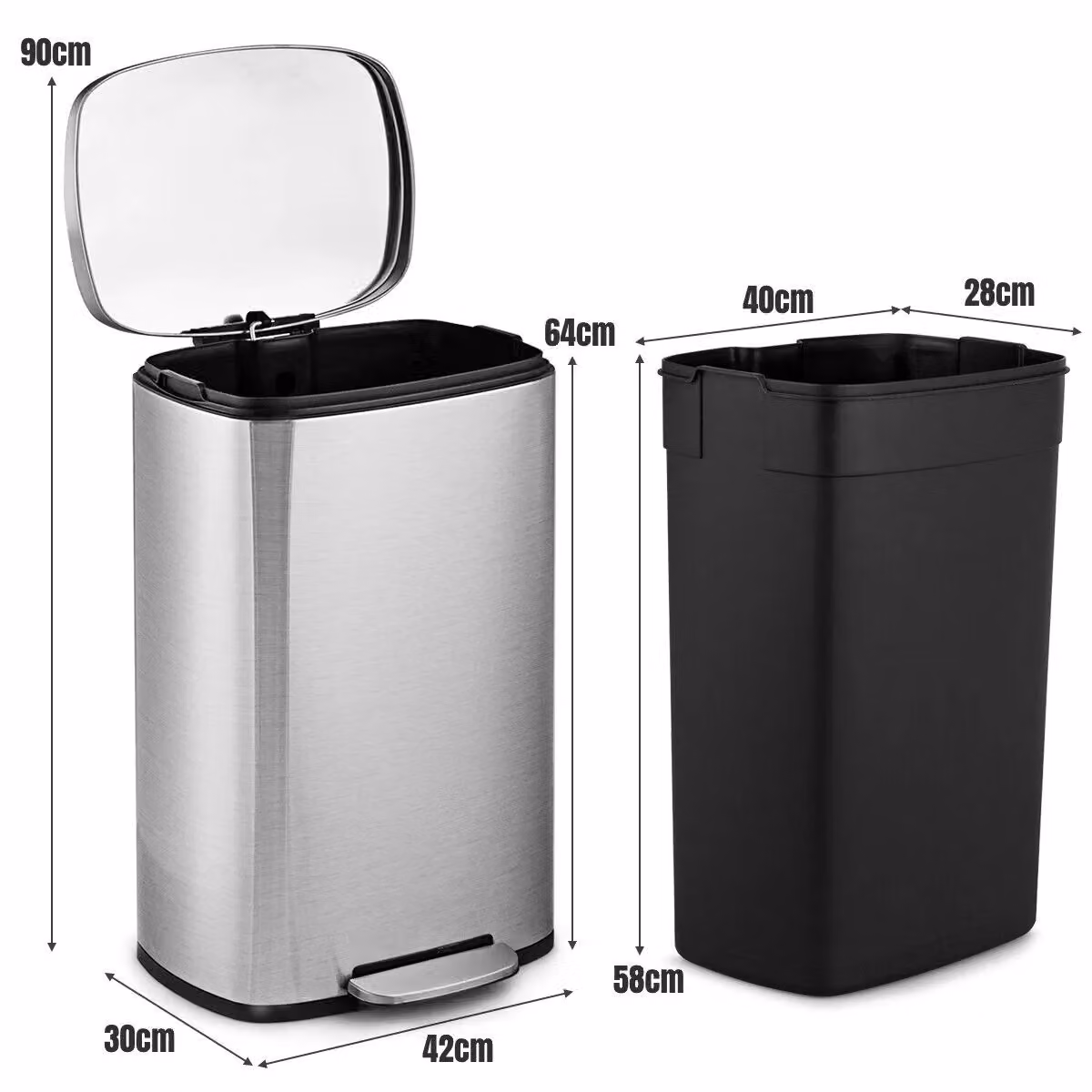 Costway 50L Stainless Steel Step Trash Bin with Pedal and Removable Inner Bucket in Silver – 2