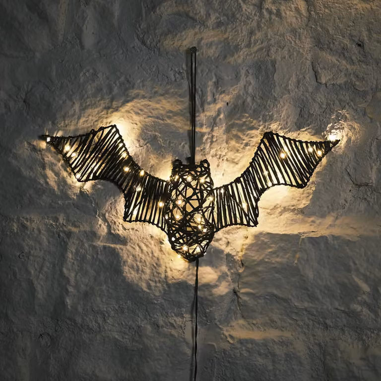 Lights4fun Black Rattan Bat Hanging Decoration with 45 Warm White LEDs and Timer for Indoor and Outdoor Use