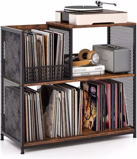 SPETLEK 3-Tier Brown Wood Record Player Stand and Vinyl Storage Cabinet