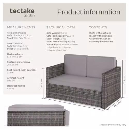tectake Rattan Garden Furniture Set in Grey with 2 Seater Sofa and Ottoman featuring Powder Coated Steel Frame and UV-Resistant Cushions – 6