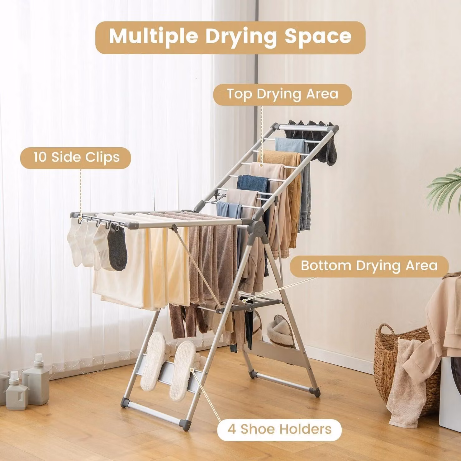 Gymax 2-Layer Folding Aluminium Clothes Drying Rack with 4 Shoe Holders in Grey – 3