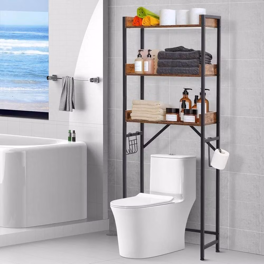 VOGREX 3-Tier Over Toilet Storage Rack, Black Freestanding Metal Bathroom Shelf Organizer – 3