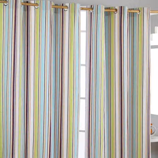 Homescapes Osaka Green Striped Eyelet Curtain Pair, Width: 137 cm