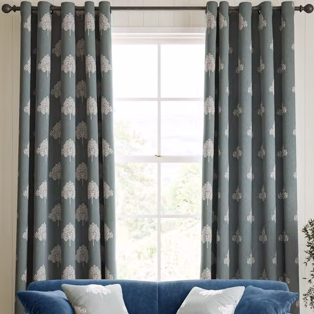 William Morris At Home Marigold Tree Embroidery Made to Measure Blackout Eyelet Curtains in Blue