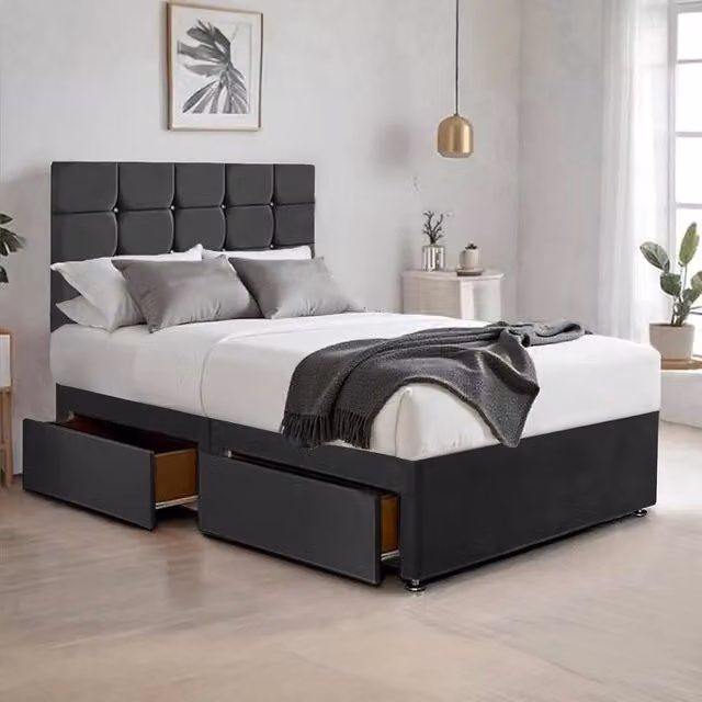 Bed Time UK Plush Divan Bed with 2 Drawers, 20" Cubic Headboard and Hybrid Mattress in Black, W/D: 120 x 200 cm – 1