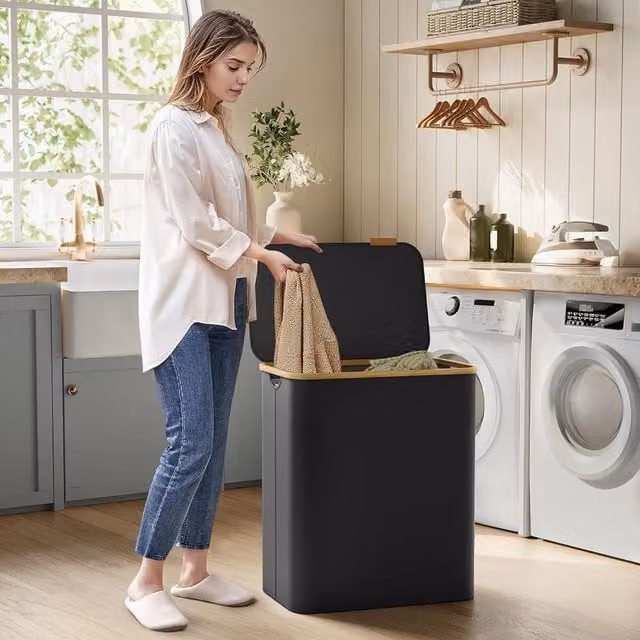 SONGMICS Extra Large 3-Section Collapsible Laundry Hamper with Bamboo Handles, Black, W/D/H: 120 x 70.5 x 60 cm