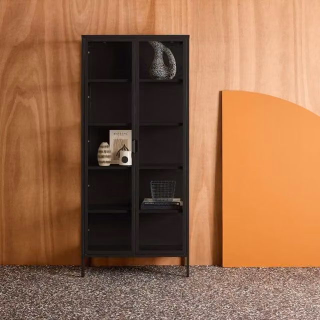 sweeek Industrial Sideboard and China Cabinet with 2 Doors in Black Steel and Tempered Glass, W/D/H: 180 x 35 x 80 cm