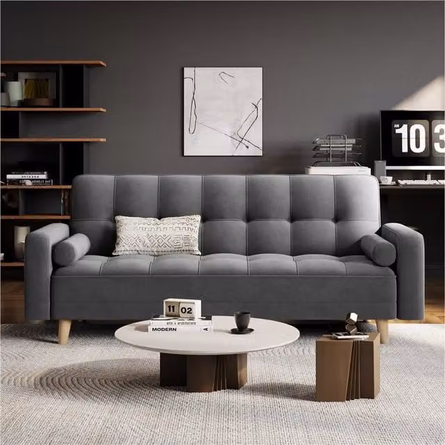 Yaheetech Modern Grey Fabric Upholstered Click-Clack Convertible Sofa Bed with Solid Wood Frame