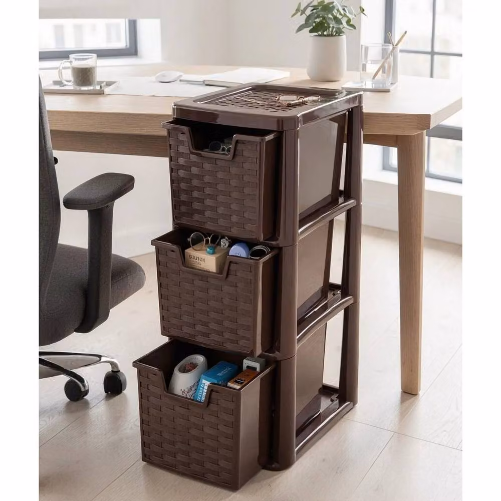 Kelvenix 3 Tier Rattan Style Plastic Storage Drawer Unit in Choco Brown – 4