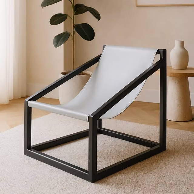 Fifty Five South Kendari Grey Cubic Frame Chair with Teak Wood and Leather