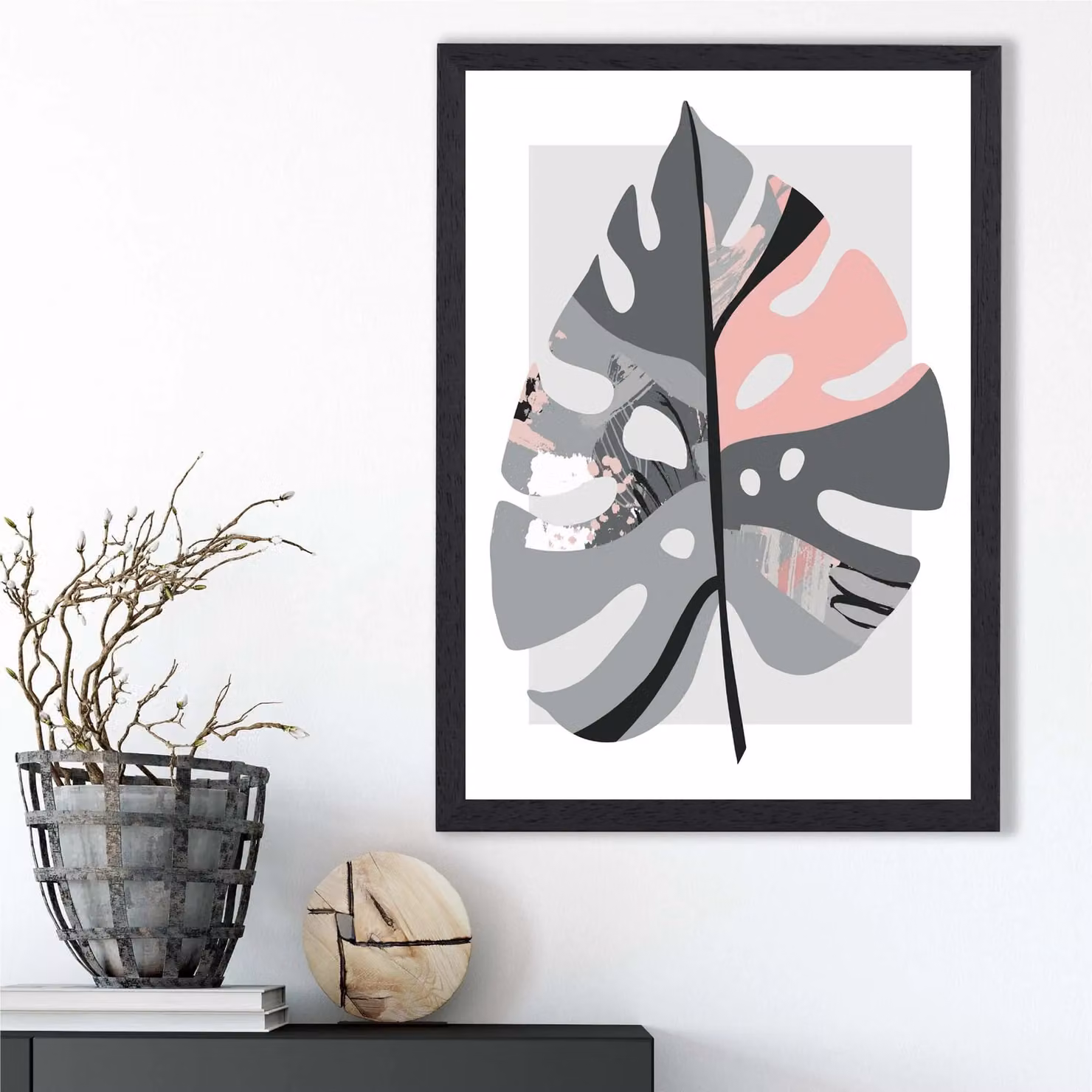 ARTZE Monstera Leaf Boho Botanical Framed Print in Grey and Pink with Black Frame – 2
