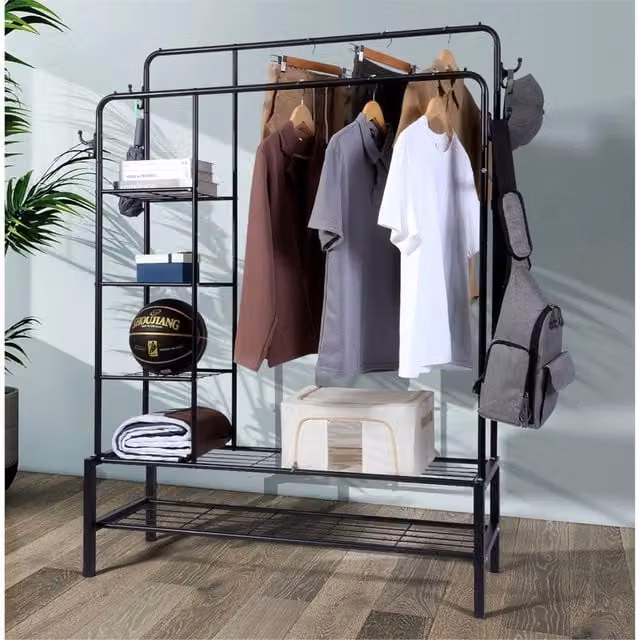 KLASS HOME Heavy Duty Double Clothes Rail with Shelves and Shoe Rack in Black