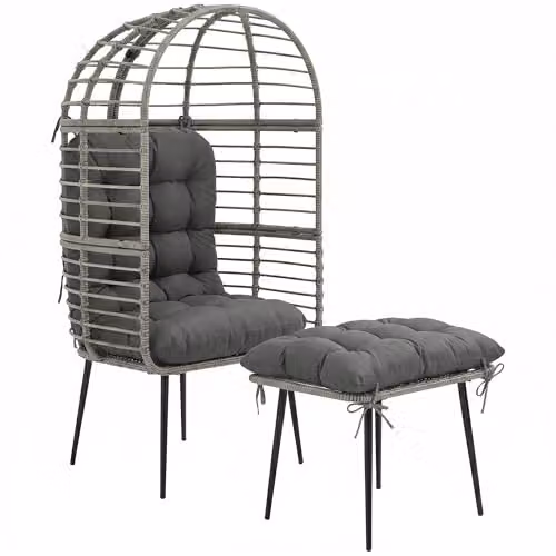 Outsunny Standing Garden Egg Lounge Chair with Footstool and Cushions, Light Grey