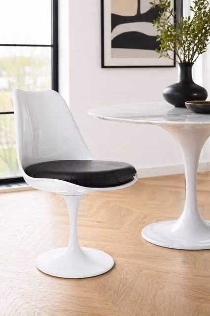 Fusion Living White Tulip Swivel Dining Chair with Black PU Leather Cushion