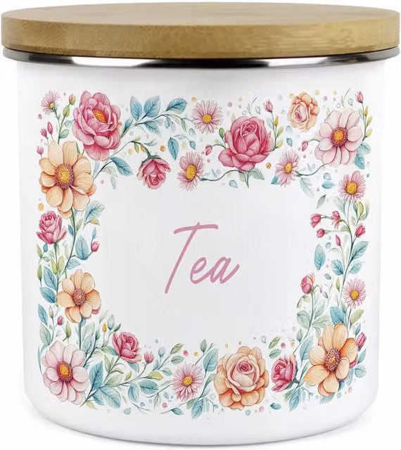 Purely Home Pink Roses Large Floral Kitchen Storage Canister in White Enamel Ceramic
