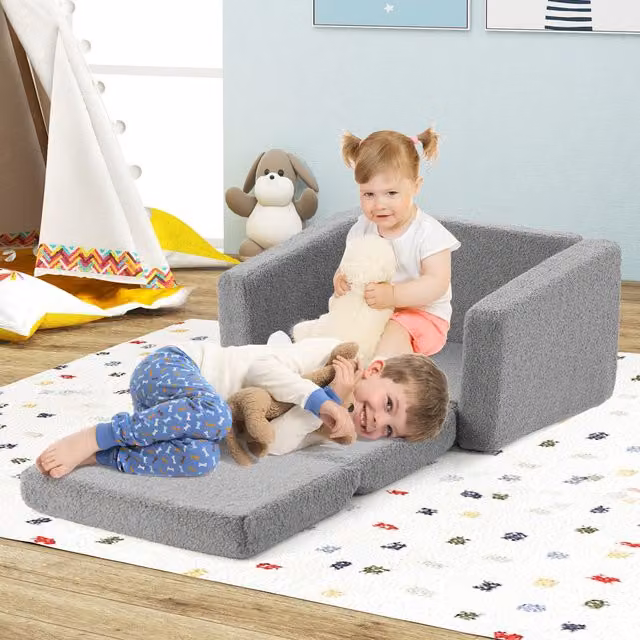 Costway Modern Kids Convertible Sofa to Lounger in Grey