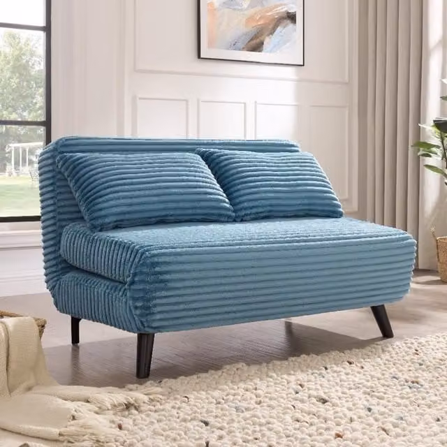 Home Detail Kellar 2 Seater Click Clack Sofa Bed in Blue Polyester Velvet with Sleeping Function and Scatter Cushions, 140 x 190 cm – 1