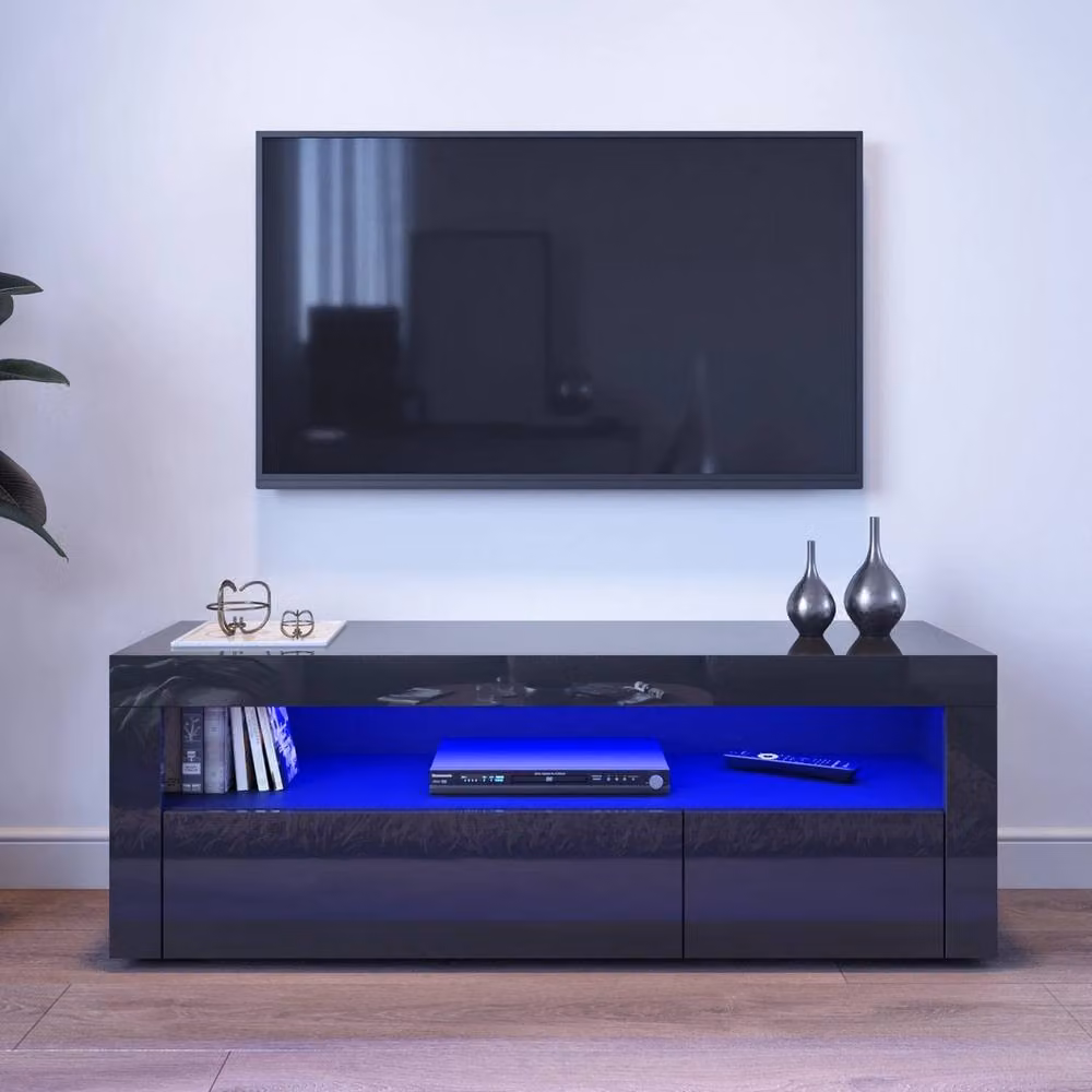 ERGOVEXA Modern Black Glossy TV Unit with Integrated LED Lights and Storage Drawers, W: 120 cm, D: 35 cm, H: 45 cm – 4