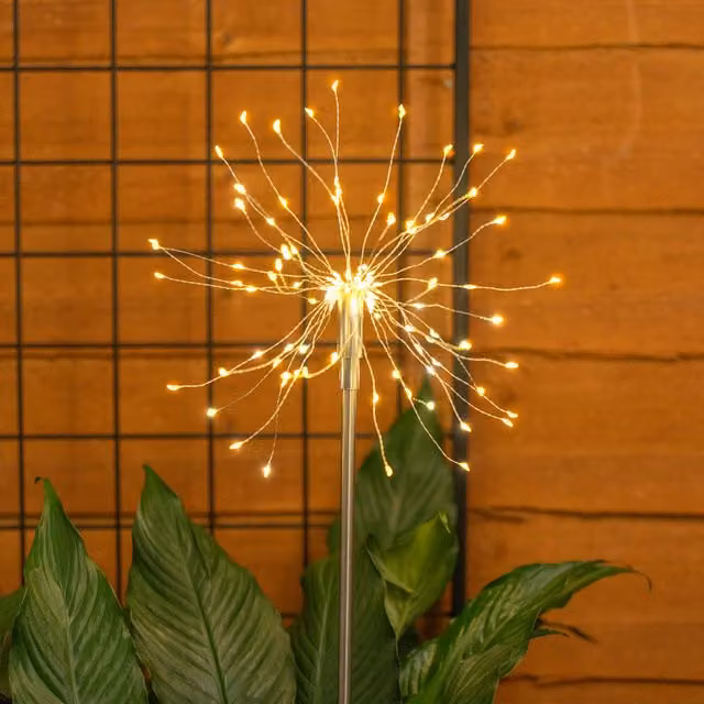 ValueLights Set of 2 Silver Stainless Steel Firework Solar Stake Lights with Warm White Effect