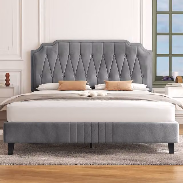 Yaheetech Art Deco Upholstered Bed Frame in Grey Fabric, 140 x 200 cm