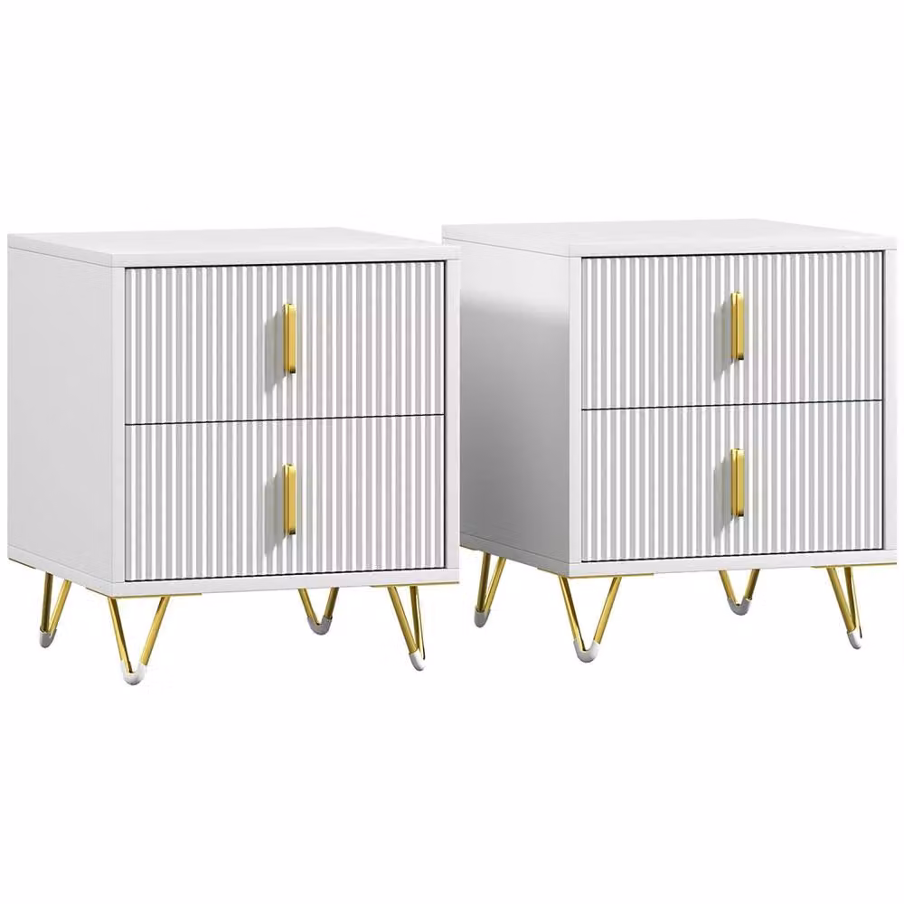 Wyld Haus Nehana Set of 2 White and Gold 2 Drawer Bedside Chests W/D/H: 40 x 40 x 47 cm – 2