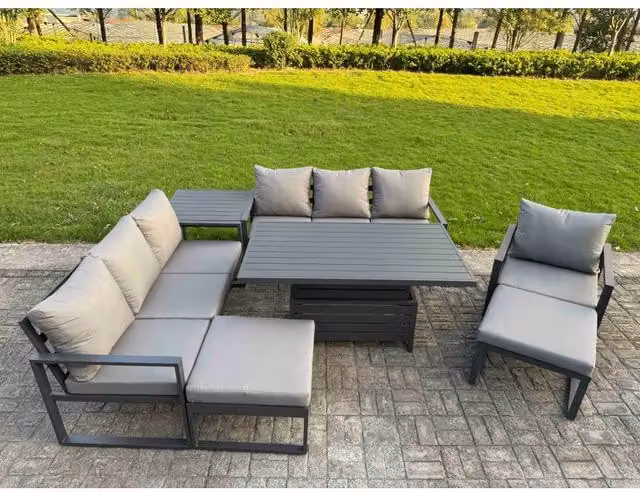 Fimous 9-Seater Aluminium Patio Set in Matt Dark Grey with Height-Adjustable Lifting Table, 2 Stools and Side Table – 1