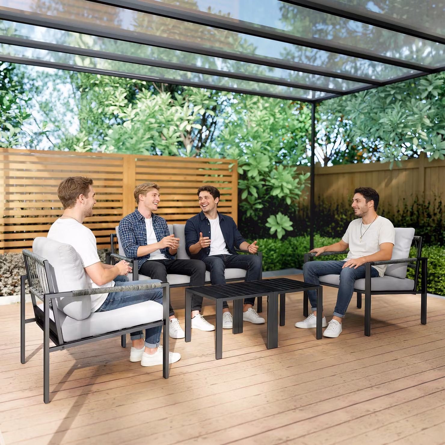 Outsunny 5 Piece Metal Garden Furniture Set in Grey with Upholstered Cushions, 2 Seater Sofa, 2 Armchairs and 2 Coffee Tables – 7