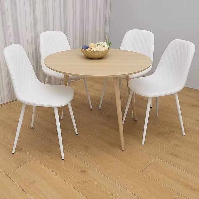 KOSY KOALA Modern Round Dining Table with 4 White and Beige Faux Leather Chairs, Diameter: 90 cm, Height: 75 cm