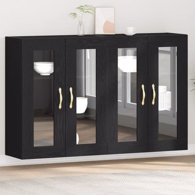 Berkfield Home Set of 2 Wall Mounted Modern Cabinets in Black Oak with Glass Doors, W/D/H: 69.5 x 34 x 90 cm – 1