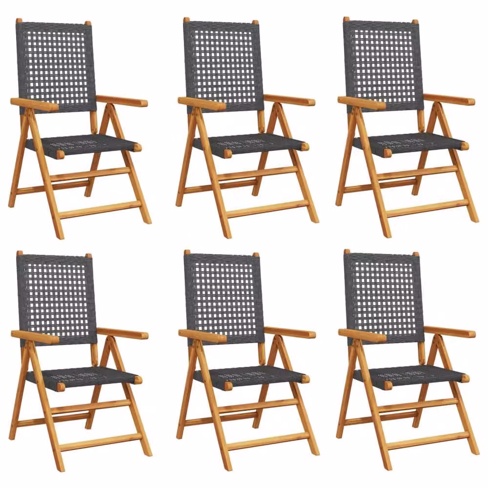 Berkfield Home Set of 6 Reclining Garden Chairs in Black Poly Rattan and Oiled Acacia Wood – 2