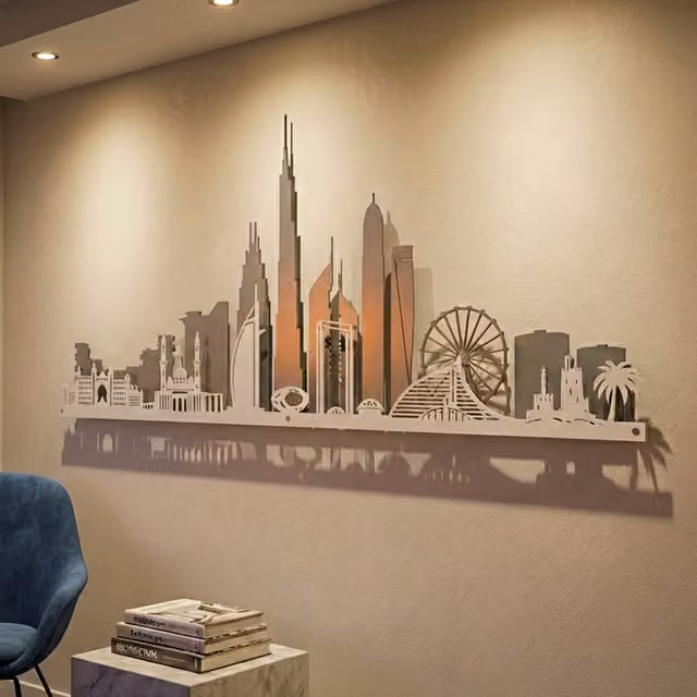 Laser Hut Dubai Skyline Modern Metal Wall Art in Grey and White