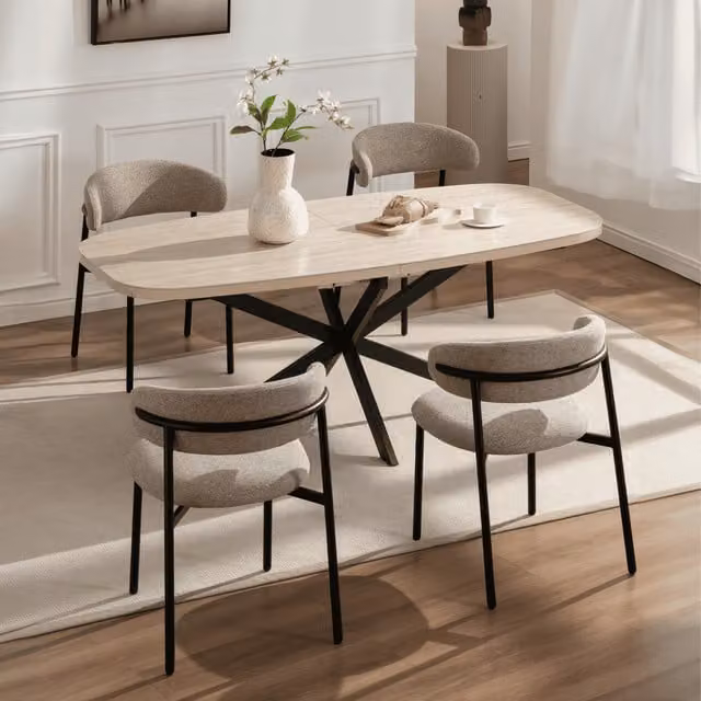 Home Source Axal Oak Effect Extendable Dining Table and 6 Beige and Black Velora Chairs Set
