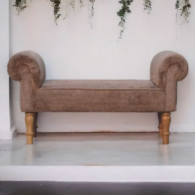 Adorable Lifestyle Modern Mango Wood Bedroom Bench with Brown Faux Fur Fabric