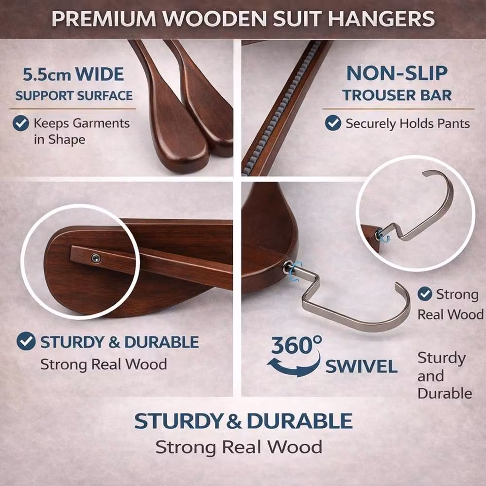NESTLUNE Set of 5 Wooden Coat Hangers with Non-Slip Trouser Bar in Brown, W: 100 cm, D: 15 cm – 4