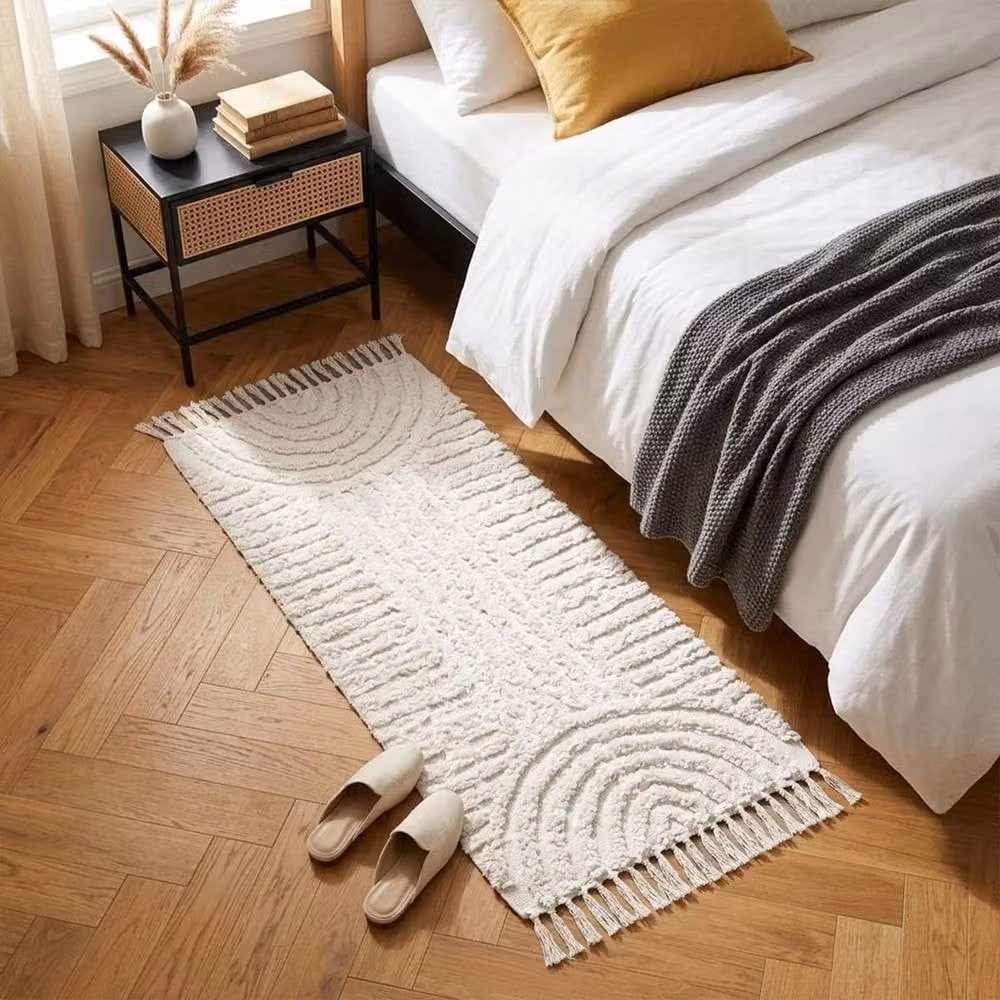 KORVIXA Bohemian Handwoven Cotton Linen Round Runner Rug with Fringes in Beige and White, Diameter: 100 cm – 2