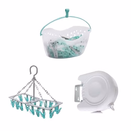 JVL Outdoor Laundry Bundle with Retractable Clothes Line, Peg Basket and Sock Dryer in White, Grey and Multicolour