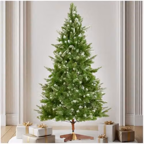 tectake Artificial Christmas Tree in Green with Frosted Tips and Wooden Stand, Height: 180 cm