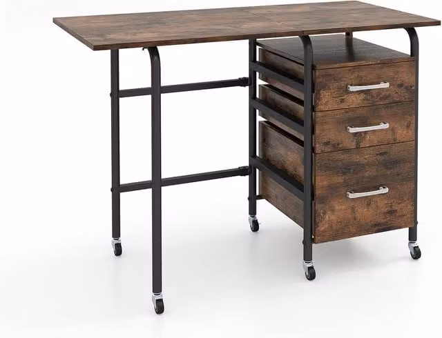 Costway Folding Computer Desk with 3 Drawers in Brown – 1