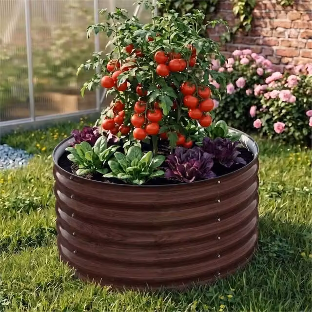 SPETLEK Brown Wood Grain Metal Raised Bed Outdoor Elevated Planter W: 80 cm, D: 80 cm, H: 43 cm – 1