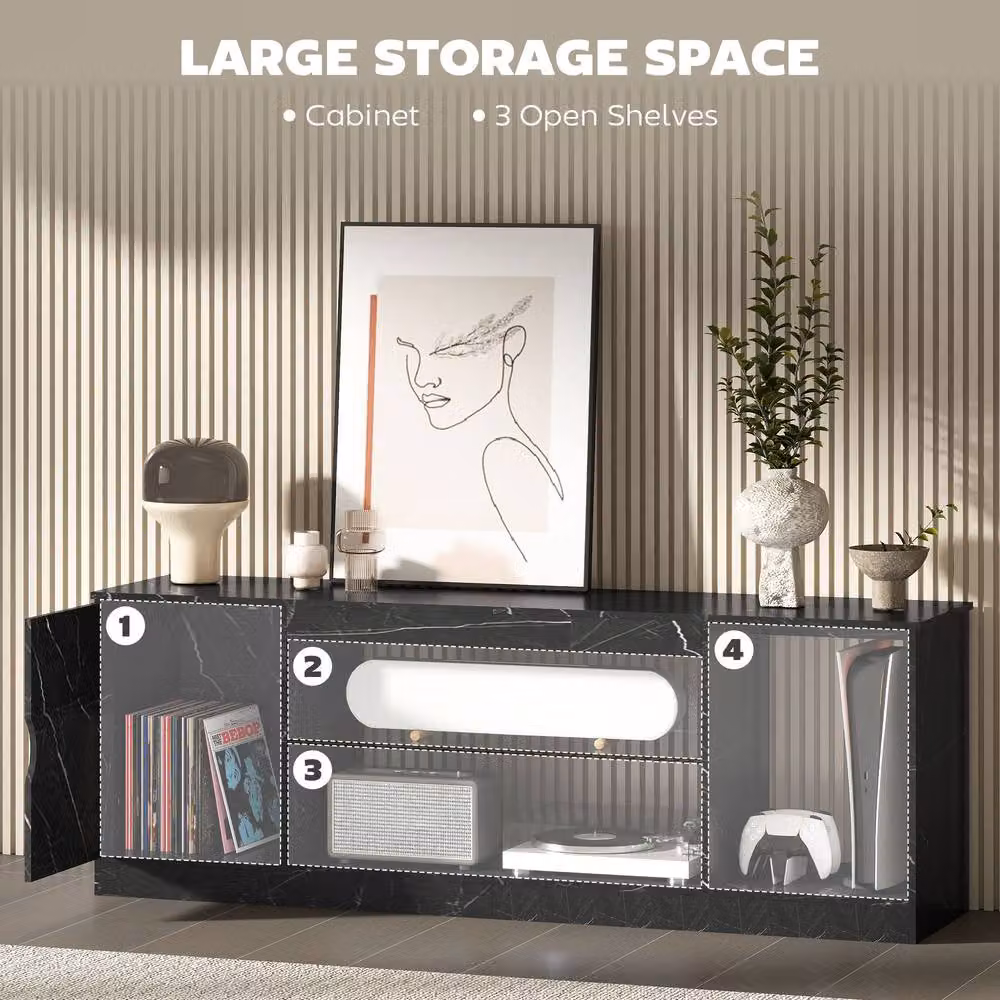 STILVORA Modern TV Stand with Cabinet and Glass Shelf in Black – 6