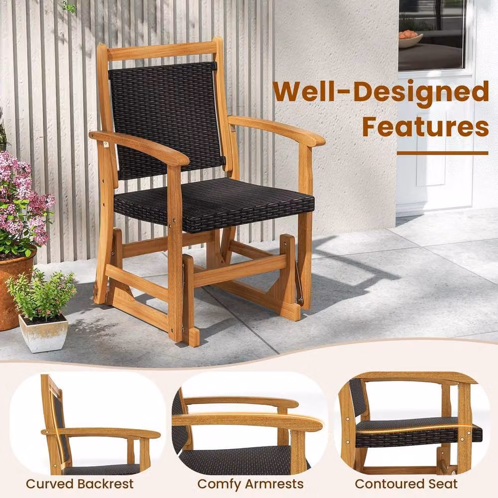SPETLEK Brown Acacia Wood and Rattan Outdoor Glider Chair Patio Swing Rocker Seat – 7