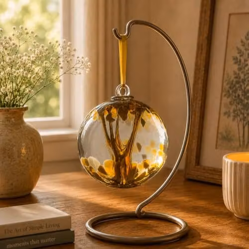 Sienna Glass Spirit Ball Handcrafted Mouth-Blown Glass Ornament in Pastel Gold with Tree of Life Design, Diameter: 10 cm – 2