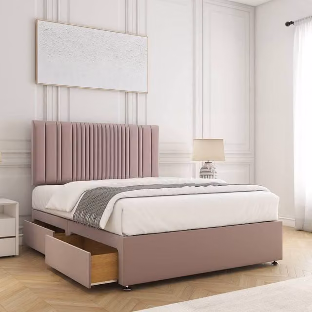 BSSPOKE Florence Velvet Divan Bed with 24 inch Headboard, 2 Drawers on Same Side and Mattress, Pink, W/D/H: 180 x 200 x 30.48 cm