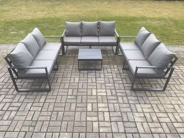 Fimous 9 Seater L-Shape Outdoor Garden Furniture Set with Square Coffee Table in Dark Grey