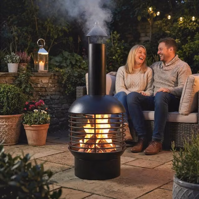 Outsunny Black Metal Chiminea Fire Pit with Charcoal Grid and Poker